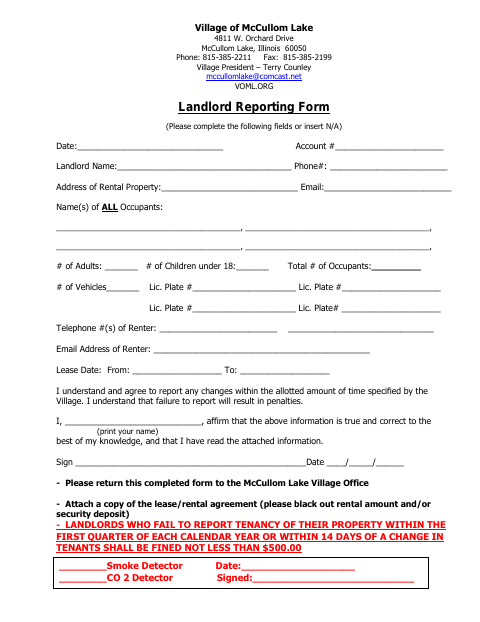 First page of the Landlord Reporting Form