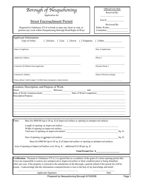 First page of the Street Encroachment Permit