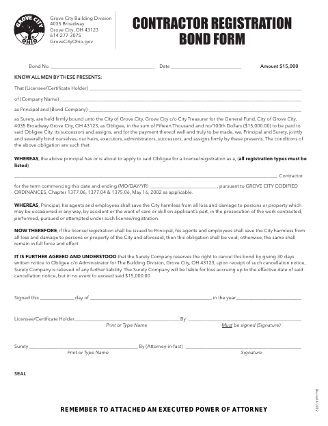 First page of the Contractor Registration Bond Form