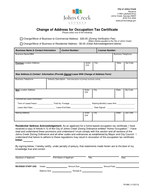 First page of the Change of Address for Occupation Tax Certificate