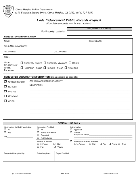 First page of the Code Enforcement Public Records Request