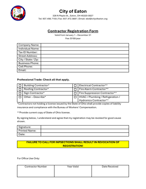 First page of the Contractor Registration Form