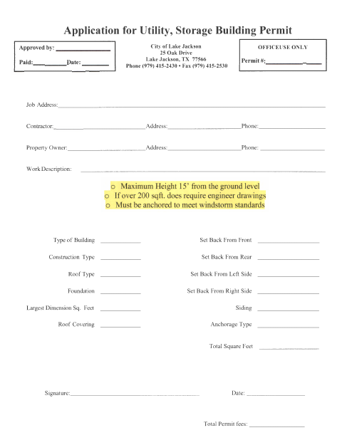 First page of the Application for Utility, Storage Building Permit