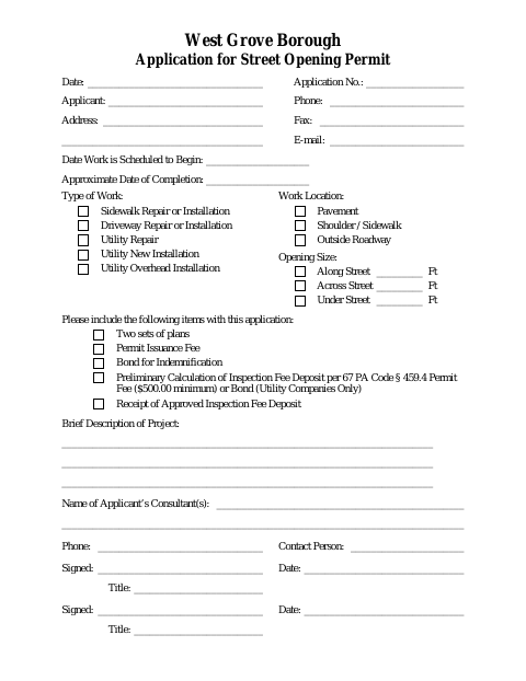 First page of the Application for Street Opening Permit