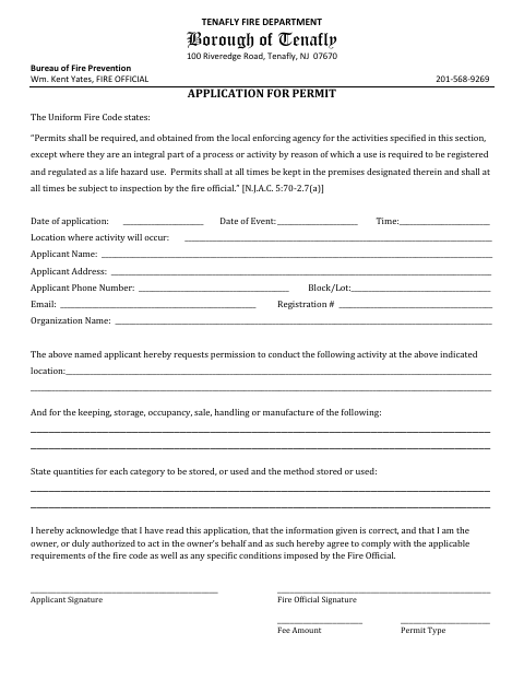 First page of the Fire Department Permit Application