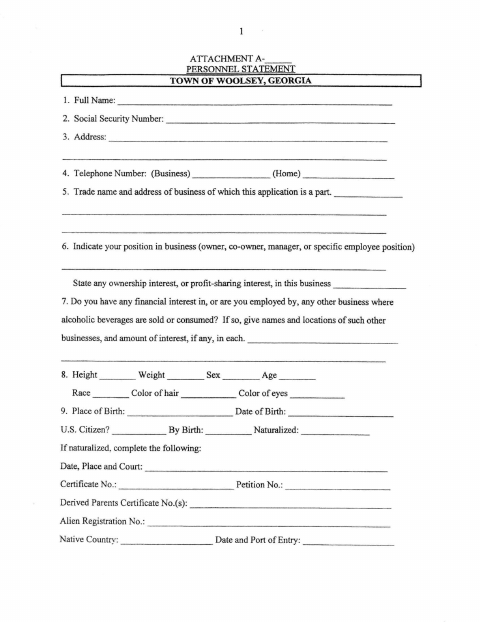First page of the Personnel Statement for Alcohol License
