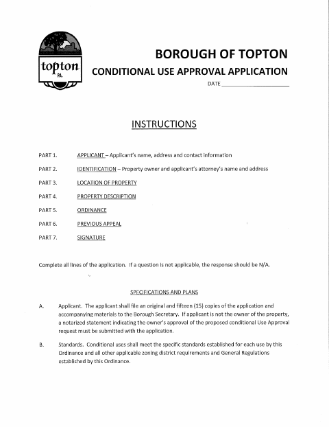 First page of the Conditional Use Approval Application