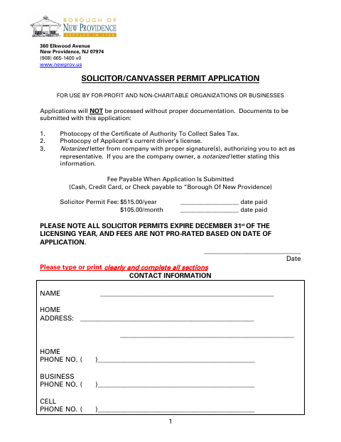 First page of the Solicitor/Canvasser Permit Application