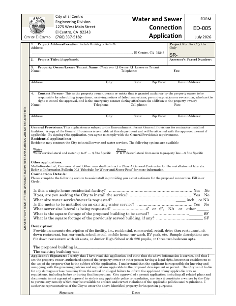 First page of the Water and Sewer Connection Application
