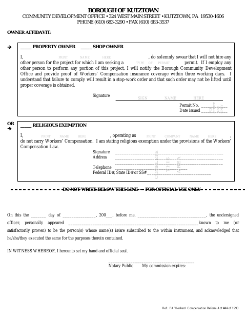 First page of the Owner Affidavit