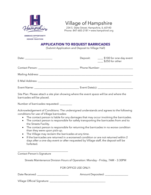 First page of the Application to Request Barricades