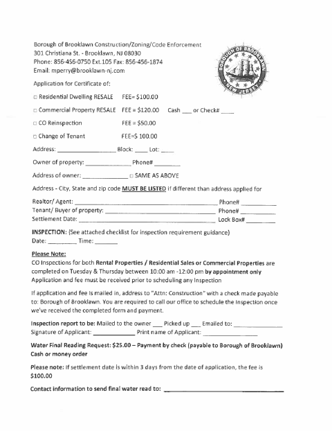 First page of the Application for Continued Certificate of Occupancy/Housing Inspection