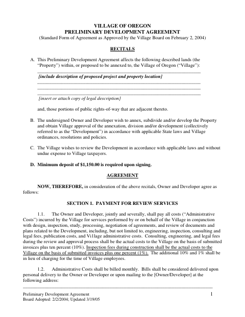 First page of the Preliminary Development Agreement
