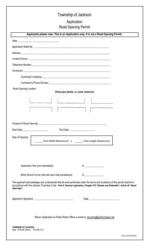 First page of the Road Opening Application