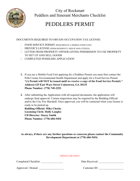 First page of the Peddlers and Itinerant Merchants Application
