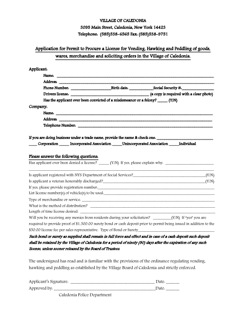 First page of the Vending, Hawking and Peddling License Application