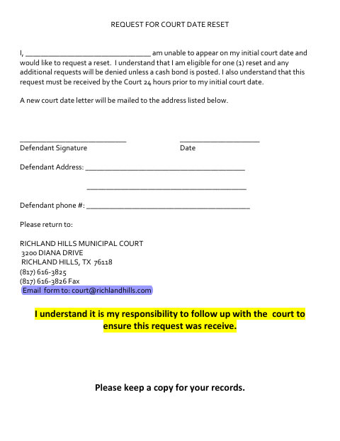 First page of the Request for Court Date Reset