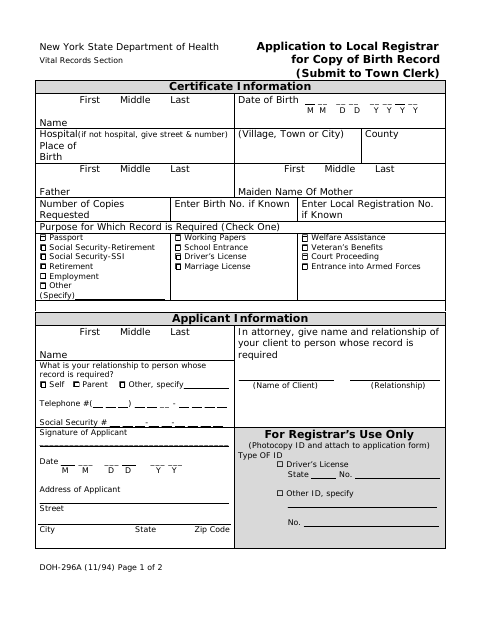 First page of the Application to Local Registrar for Copy of Birth Record