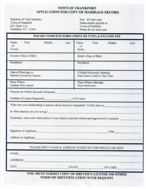 First page of the Application for Copy of Marriage Record