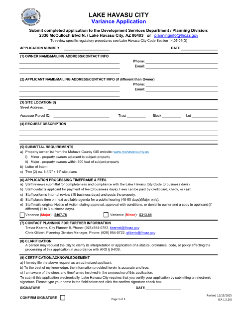 First page of the Variance Application