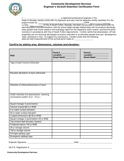 First page of the Engineer’s As-Built Detention Certification Form