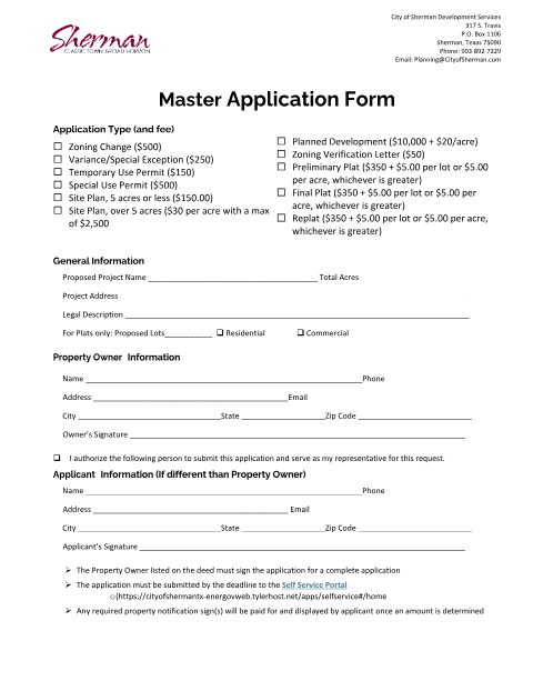 First page of the Master Application Form for Zoning and Land Use Requests