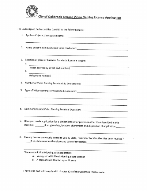 First page of the Video Gaming License Application