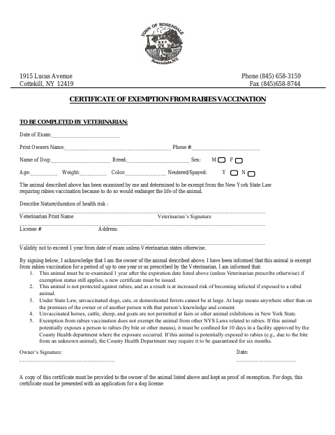 First page of the Certificate of Exemption From Rabies Vaccination