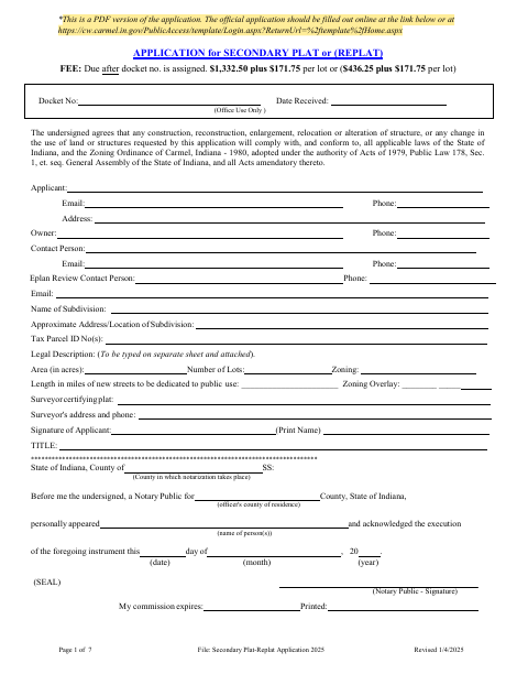 First page of the Secondary Plat or Replat Application