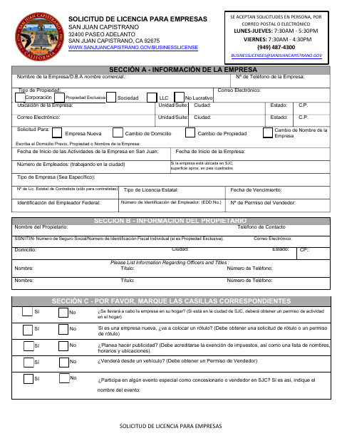 First page of the Solicitud De Licencia Para Empresas