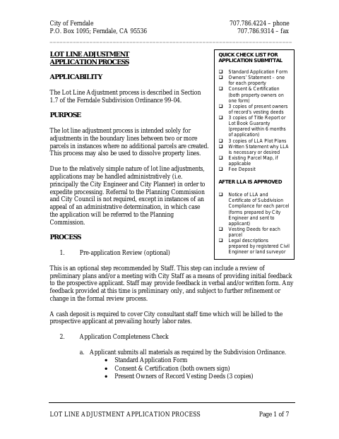 First page of the Lot Line Adjustment Application Process