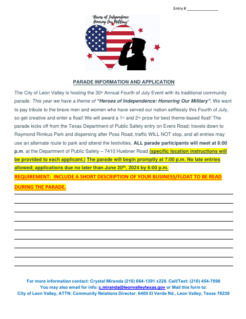 First page of the Parade Information and Application