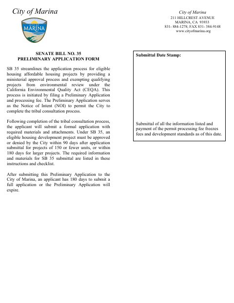 First page of the Senate Bill No. 35 Preliminary Application Form
