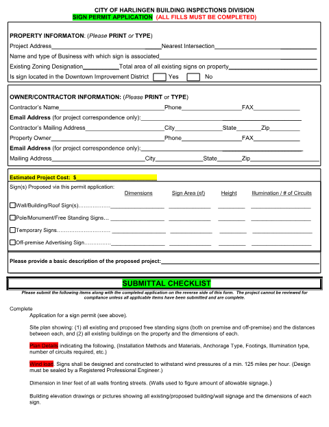 First page of the Sign Permit Application