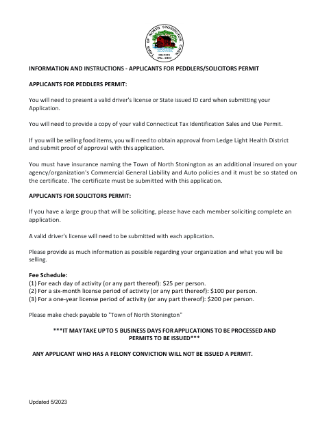 First page of the Solicitor and Peddler Permit Application