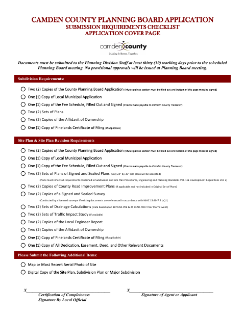 First page of the Camden County Planning Board Application and Submission Requirements Checklist