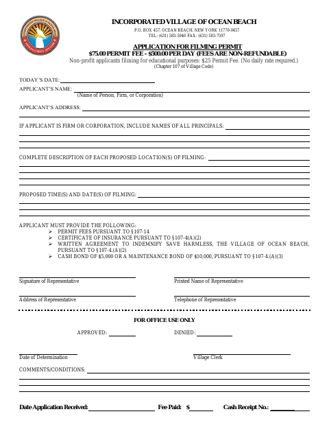 First page of the Application for Filming Permit
