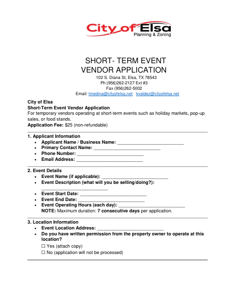First page of the Short-Term Event Vendor Application