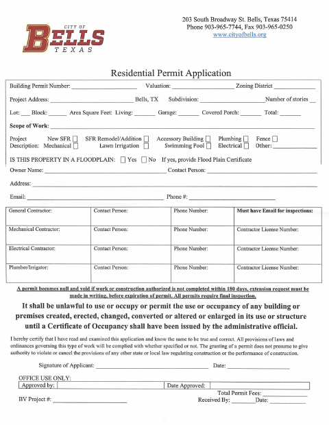 First page of the Residential Permit Packet