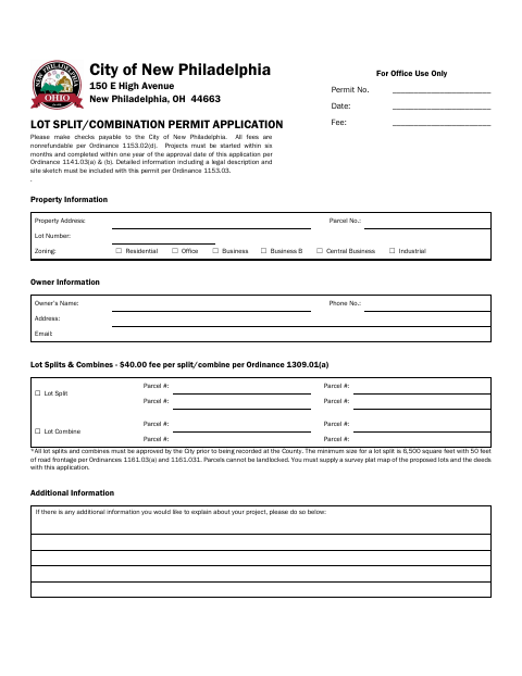 First page of the Lot Split/Combination Permit Application