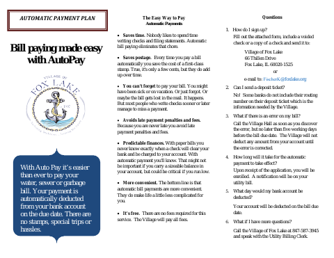 First page of the Automatic Payment Plan Authorization Agreement