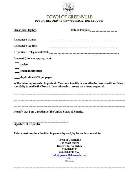 First page of the Public Record Review/Duplication Request