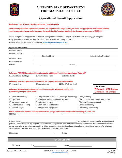 First page of the Operational Permit Application