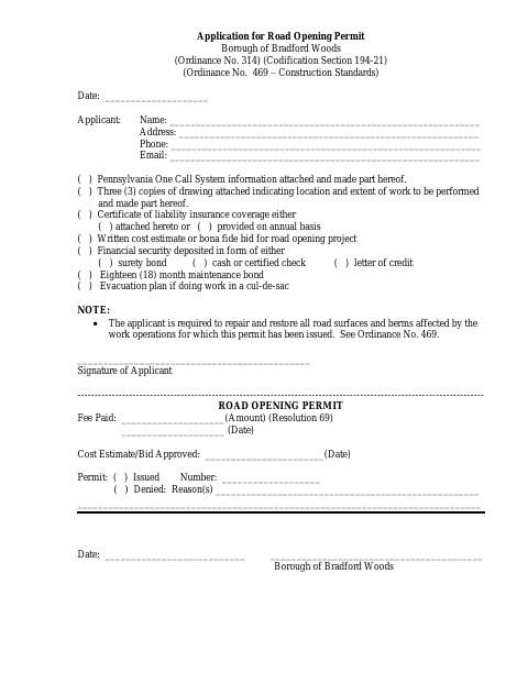 First page of the Road Opening Permit Application