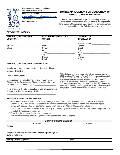 First page of the Zoning Application for Demolition of Structure or Building