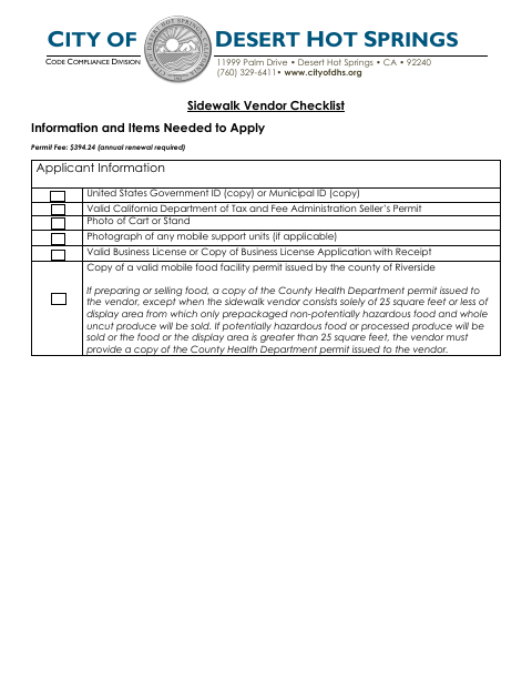 First page of the Sidewalk Vendor Checklist