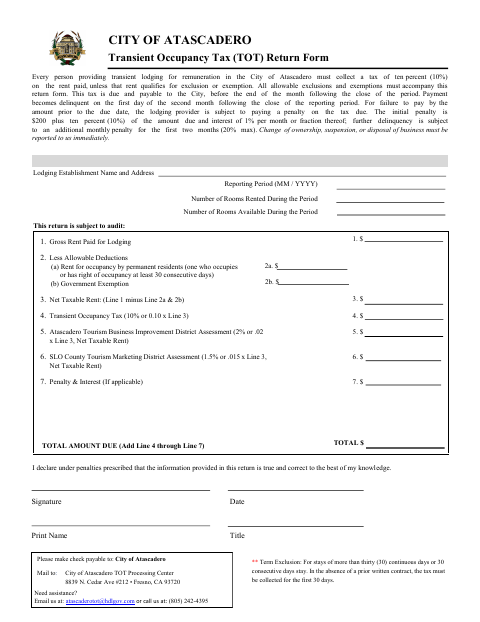 First page of the Transient Occupancy Tax (TOT) Return Form