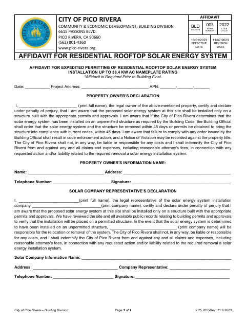 First page of the Affidavit for Residential Rooftop Solar Energy System