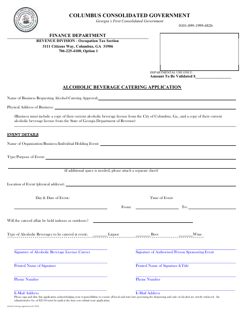 First page of the Alcohol Catering Application