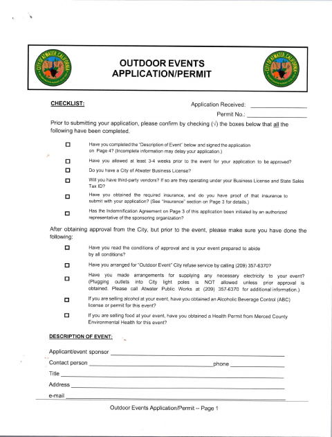 First page of the Outdoor Events Application/Permit